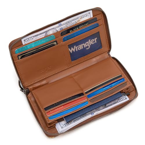 Wrangler Brown Daisy Wallets for Women Large Capacity Wristlet Wallets, Card Cases & Money Organizers Ladies Female Clutch Credit Card Phone Wallet with Smooth Zipper and ID Window - color: Daisy-Brown