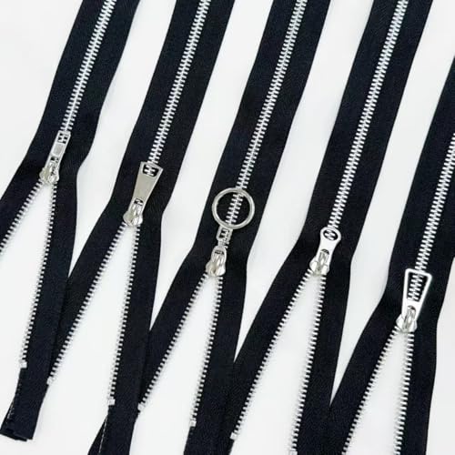 #5 Heavy Duty Metal Zipper 5 Pieces 1 Yard Long Each(Black/Silver Teeth) | 10 sliders, 20 top stops, pre-cut 1 yard each, for bags, pillows, jackets, DIY crafts, home decor - color: Black/Silver Teeth