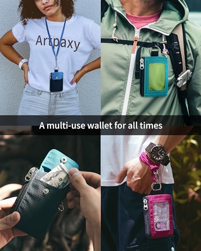 Artpaxy Minimalist Wallet For Mens Womens, Keychain RFID Blocking Zipper Small Wallet with ID Window 2 Lanyards,Water Resistant Travel Cash Card Coin Case Boys Girls - color: Green Black