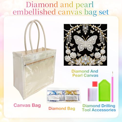 Xylzzuit DIY Pearl Painting Canvas Tote Bag Kit 11.42IN Diamond Art Handbag for Women Shopping Grocery Bag Dots Beads Art Craft Gift (Butterfly) - color: Butterfly