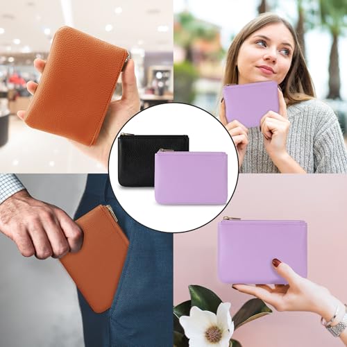 Chelmon PU Leather Coin Purse Pouch Change Holder Small With Zipper for Men Women 2 PCS Set (Brown&Purple) - color: Brown&Purple