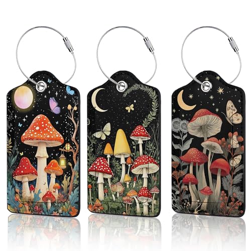 3 PCS Mushroom Luggage Tags,Colorful Butterfly Moon Star Suitcase Tags Privacy Cover ID Label with Stainless Steel Loop and Address Card for Travel Bag Suitcase - color: Mushroom Colorful Butterfly Moon Star