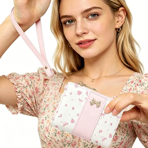 Floral Bow Small Zipper Wallet for Women Girls (BIFOLD-PINK) | Bifold Wallet, Zipper Coin Pocket, ID Window, 5 Card Slots, Removable Wrist Strap - color: BIFOLD-PINK