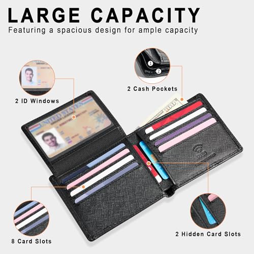 Travelambo Genuine Leather Wallet for Men with Gift Box - Handmade Bifold Stylish - Mens Wallets Rfid Blocking with 2 ID Windows - color: Cross Texture Black