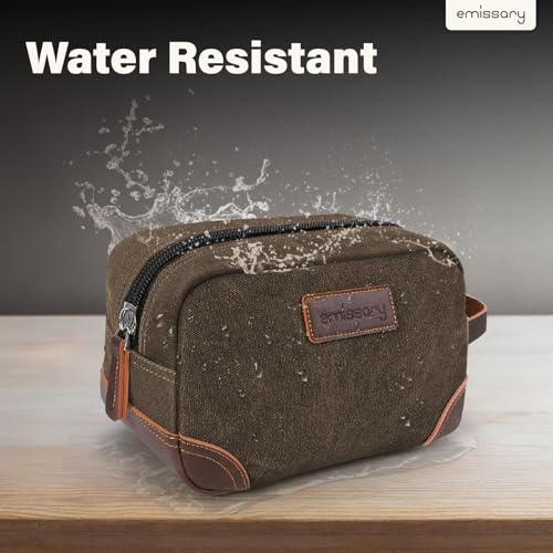 emissary Men's Toiletry Bag, Leather and Canvas Travel Toiletry Bag, Dopp Kit for Men, Travel Bathroom Bag Men's Shaving Kit, Travel Kit Small Bags for Men, Shaving Bag for Travel Accessories (Coffee) | Durable canvas & PU leather, water-resistant lining,