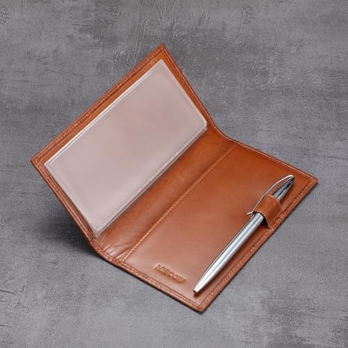 HISCOW Leather Checkbook Cover for Duplicate Checks with Pen Holder - color: Brown Vegetable-Tanned Leather