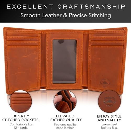 Stealth Mode Trifold Leather Wallet for Men with RFID Blocking (Clay) | Top Grain Napa Leather, 9 Card Slots, ID Window, Gift Box – Gift for Dad, Husband, or Son - color: Clay