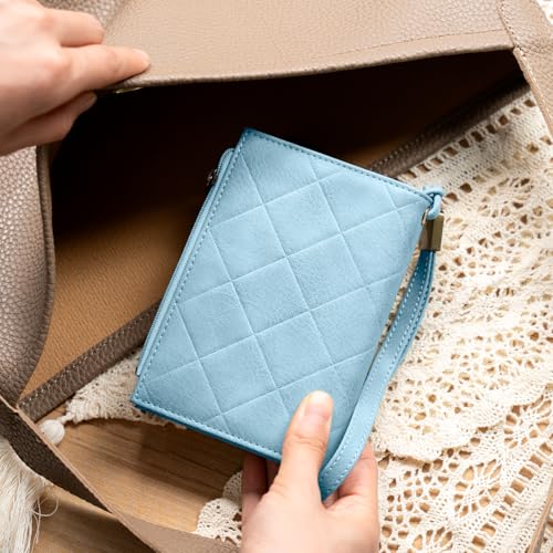 XINNSTAR Small Wallet for Women Leather RFID Blocking Trifold Compact Card Holder Wallets with Dual Zipper Coin Pocket - color: Ee-Blue