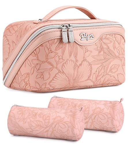 BOYATU Travel Makeup Bags Cosmetic Organizer Bag: 3-Set Make up Bag | Large Capacity PU Leather Toiletry Bags for Women - Wide Open Portable Pouch with Divider & Handle(01-Z-Pink) - color: 01-Z-Pink