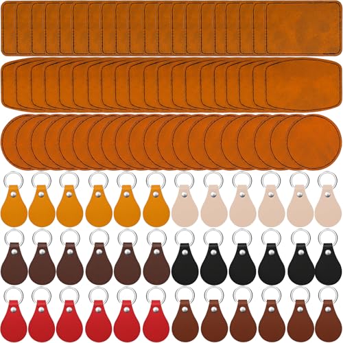 90 Pcs Lasable Engravable Blanks - Leatherette Iron on Hat Patches & PU Leather Key Fob Kit for DIY Custom Laser Engraving Craft Gifts - color: Khaki Patches & Colorful Keychains, size: 90 pcs