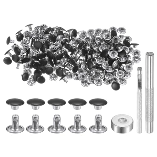 HARFINGTON 100 Sets Leather Rivets 8mm x 6mm Metal Double Cap Rivet Snaps Studs Fasteners with 3pcs Setting Tools Rivets for Leather Craft DIY Repair Decoration, Matte Black - color: Matte Black, size: 8mm x 6mm