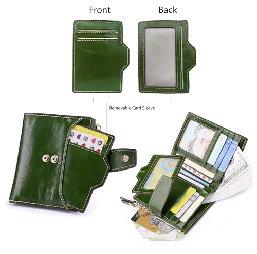 Women's RFID Blocking Leather Small Compact Bi-fold Zipper Pocket Wallet Card Case Purse with id Window - color: Waxed Green