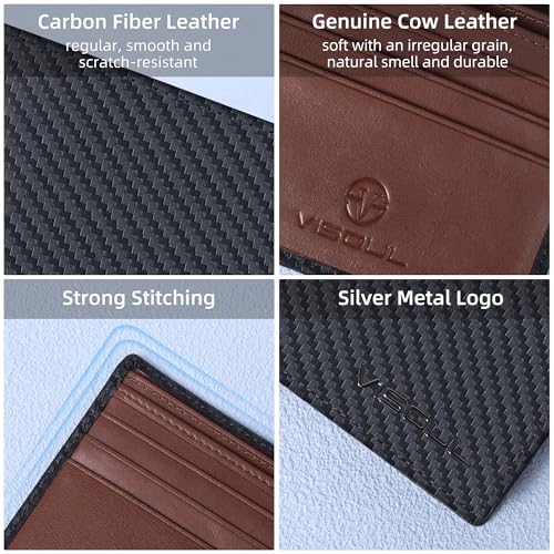 VISOUL Leather Mens Bifold RFID Blocking Wallet with 2 ID Windows, Leather Wallet for Men (Carbon Fiber, Black+Brown) - color: Black+Brown
