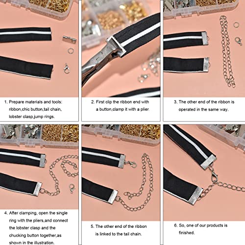 373Pcs Ribbon Bracelet Kit for Jewelry Making Ribbon End Crimps Lobster Clasps Awith Jump Rings and Chain Extenders for DIY Making Bookmark Pinch Bracelet Choker Necklace (Gold and Silver)