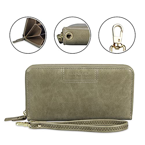 FT FUNTOR Wristlet Wallets for Women, Ladies PU Vegan Leather Clutch Wallet Zip around Phone Purse Card Holder Organizer - color: O-Aloe Green