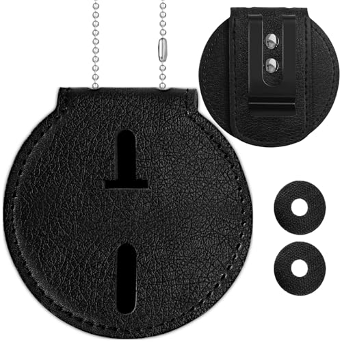 Genuine Leather Police Badge Holder with Belt Clip and Neck Chain | Universal Recessed Heavy Duty Badge Holder for Law Enforcement, Sheriff, Security Officer, Tactical Badge Case for Shield - size: Round