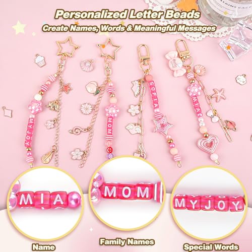 Ecoofor 707 Pcs Lip Gloss Beaded Keychain Making Kits, Pink DIY Bag Charm Kit, 78.8 Inch Chains, Key Chain Hooks, Jump Rings, Lobster Clasps, 452 Charms & Letter Beads, Tools & Gift Bags - color: Gold-707Pcs Kit