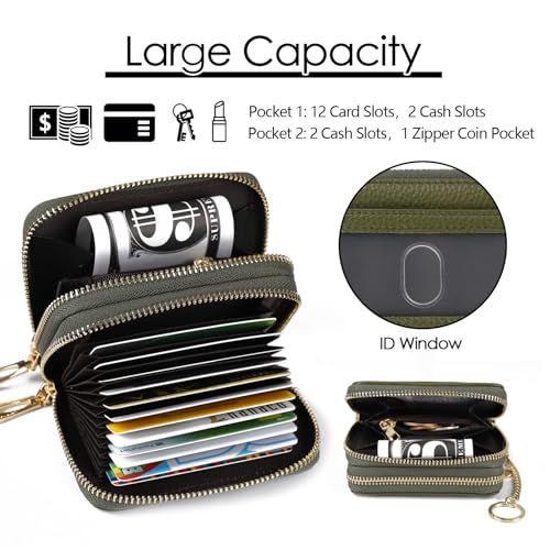 imeetu Rfid Credit Card Holder, Businese Card Case, Wallet for Women Men | Genuine Leather Card Wallet with id Window, Keychain & Double Zipper, Water-resistan Small Wallet with Gift Box, Daily Travel - color: Max - Olive Green