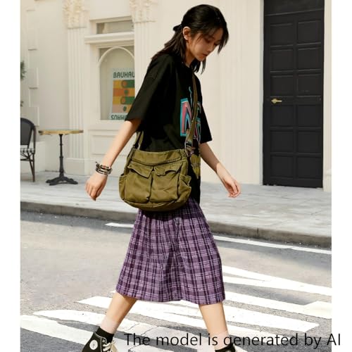 Canvas Messenger Bag for Women, Grunge Bag with Fairy Grunge Bracelet, Crossbody Bag with Bracelets Fairy Grunge Clothes - color: Military Green