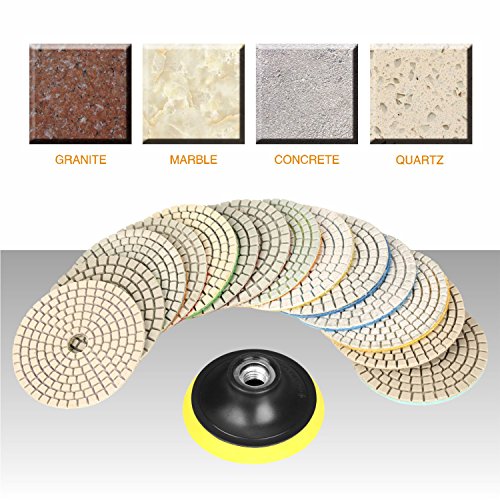SPTA 15pcs Diamond Wet Polishing Pads Set, 4 inch, White, 50#-6000#, For Granite, Concrete, Marble, Stone, Tiles, With Floor Grinder or Polisher