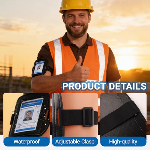 1 Pcs Black Arm Badge Holder, Adjustable ID Badge Holder Armband with Clear PVC Window, Waterproof PU Leather Ski Pass Armband for Security, Work, Office, Business, Skis