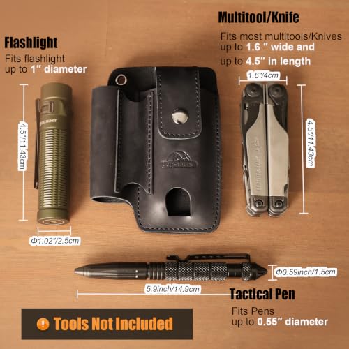 Topstache Leather Multitool Sheath with Belt Clip - Leather Multitool Holder with Closure Flap - EDC Belt Organizer Fits Multitool, Flashlight, Pen - EDC Pouch Belt Holster Case, Black - color: Black