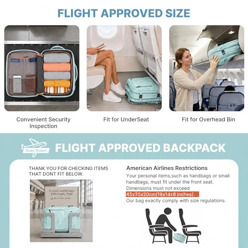 Travel Backpack Women, PU Leather Carry On Backpack Flight Approved, Blue | 40L Expandable, Laptop Compartment, Personal Item Travel Bag, Weekender Business - color: Light Blue