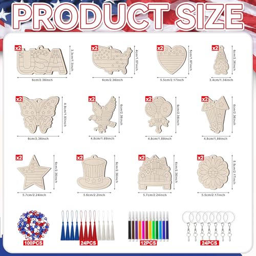 Cinrobiye 24 Set Patriotic Craft Kits DIY Wooden Paint Keychain Craft Set for 4th of July Party Activities Memorial Day Classroom Art Projects Independence Day Decorations - style: 4th of July