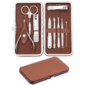 Manicure Set, FAMILIFE Professional Manicure Kit Nail Kit Mens Grooming Tools Pedicure Tool 9PCS Gifts for Men Boyfriend Stainless Steel Nail Clipper Set Leather Case Brown - color: Dark-brown