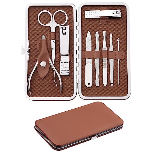 Manicure Set, FAMILIFE Professional Manicure Kit Nail Kit Mens Grooming Tools Pedicure Tool 9PCS Gifts for Men Boyfriend Stainless Steel Nail Clipper Set Leather Case Brown - color: Dark-brown