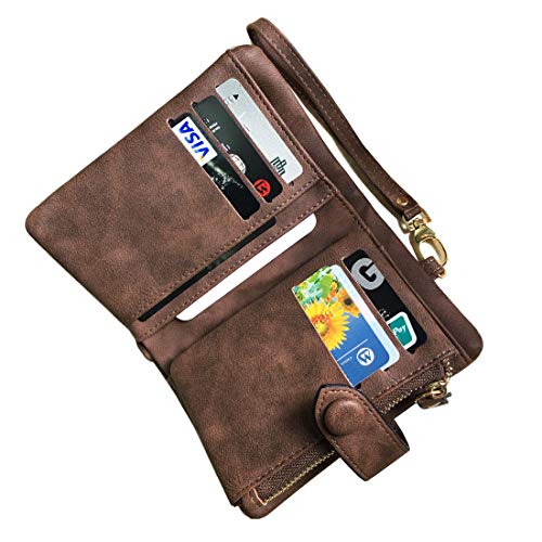 AOXONEL Women's Small Bifold Leather wallet Rfid blocking Ladies Wristlet with Card holder id window Coin Purse - color: Brown