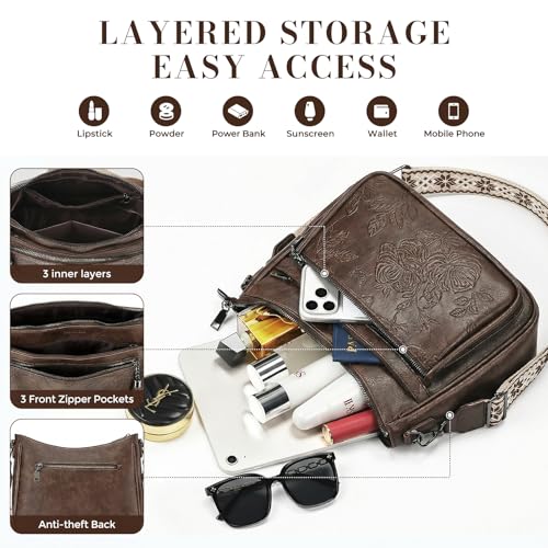 Crossbody Bags for Women, Medium Vegan Leather Purses | Large Capacity Multi-Pocket Embossed Shoulder Bag with Boho Strap for Daily Travel - color: Coffee Brown
