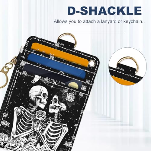 Slim Wallet Credit Card Holder, Skeletons and Flowers, RFID Wallet Women Cute Small Front Pocket Wallet With Zipper, PU Leather Thin travel RFID Blocking Card Case ID Window,Ladies Gifts - color: Skeletons and Flowers