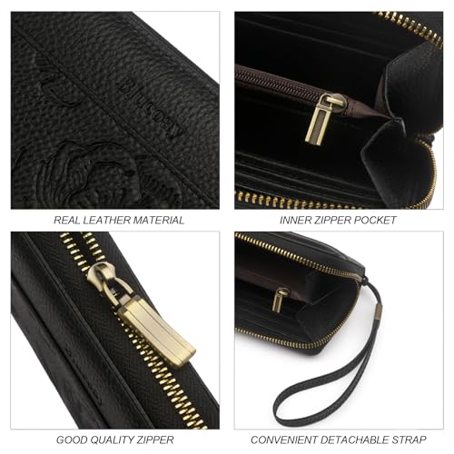 Leather Wallet Women With Embossed Flowers,RFID Blocking Wristlet | Large Capacity With 12 Credit Card Slots,Zip Coin Pocket,Cash Pocket,Detachable Wristlet,Daily Shopping Travel Wallet Black - color: a3-black