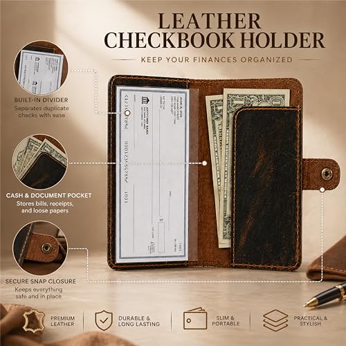 Genuine Brown Leather Checkbook Cover with Divider - Slim Bifold Check Book Wallet for Men & Women, Secure Snap Closure, Fits Standard US Checkbooks 3.5 x 7 Inch - color: Brown Leather Checkbook Cover