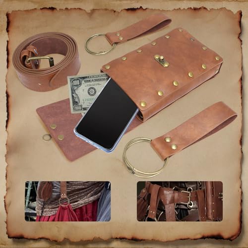Renaissance Belt Pouch Medieval Pirate Costume Accessories Set for Cosplay | Viking Faux Leather Waist Bag, Skirt Hike Clips, Perfect for Women and Men Ren Faire, LARP, Fantasy, Halloween - color: Brown