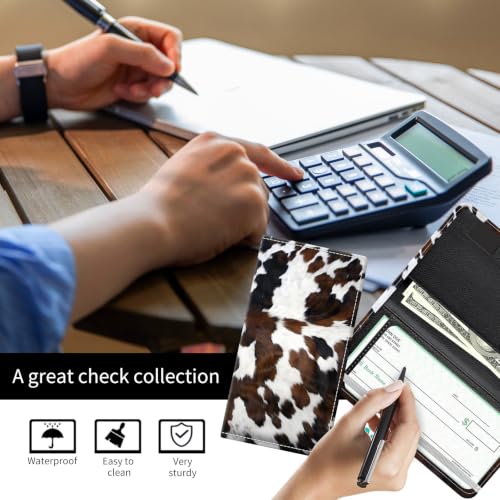 Checkbook Cover for Personal Checkbook, Cute Pu Leather Check Book for Women & Men, Slim Checkbook Holder with Pen Holder and Built-in Clear Plastic Divider, Cow Print - color: Cow Print