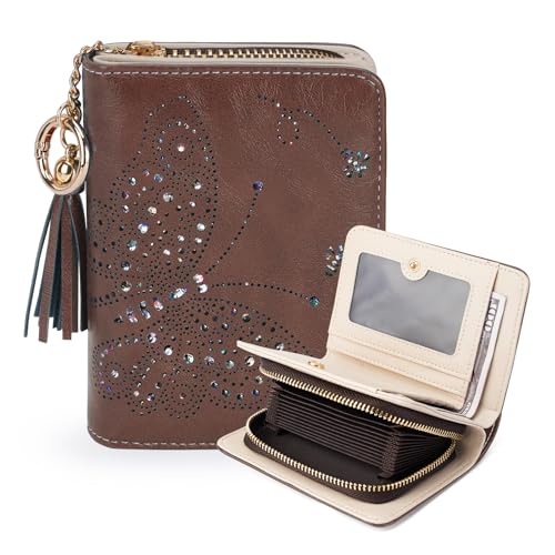KITEVIUN Women RFID Blocking Small Bifold Wallet, Compact Cash Clutch with Zipper Coin Pocket, Glittery Butterfly Design, Credit Card Holder, Travel Purse with Tassel COFFEE - color: 04-COFFEE