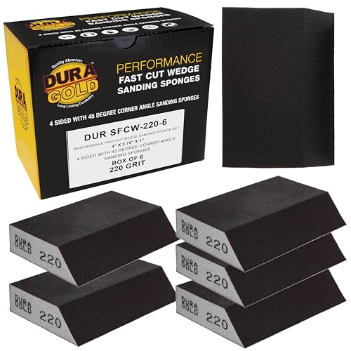 Dura-Gold 220 Grit 4-Sided Hand Sanding Block Sponges with Angled Edge, Box of 6 - Performance Flex 3.9" x 2.75" x 1" Wet or Dry Flexible Sandpaper Abrasive Pads - Sand Wood, Drywall, Metal Auto Paint - style: 220 Grit