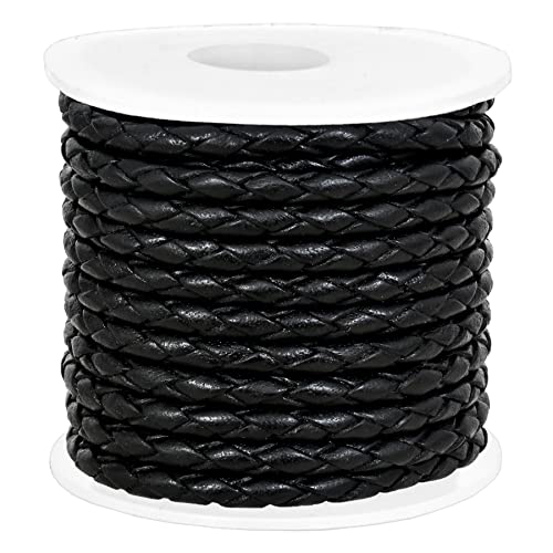 GENIQUE Real/Genuine Round Braided Leather Cord String Rope Folded, Leather Rope for Crafts, Jewelry Making, Necklace, Bracelets (5 Metres) (3mm, Black Distressed) - color: Black Distressed, size: 3mm