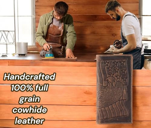 F&L CLASSIC Men's RFID Vintage Look Genuine Leather Long Bifold Wallet Checkbook Wallets,brown eagle flag,240-101 - color: brown with eagle flag