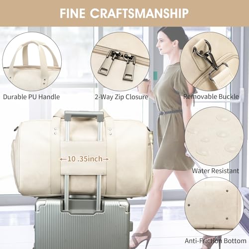 3PCS Faux Leather Weekender Bag for Women Men Travel Bag Overnight Bags | Leather Travel Duffel Bags for Traveling with Shoe Compartment Toiletry Packing Cube Carry On Tote Bag Men Fit 21.5" Laptop - color: White