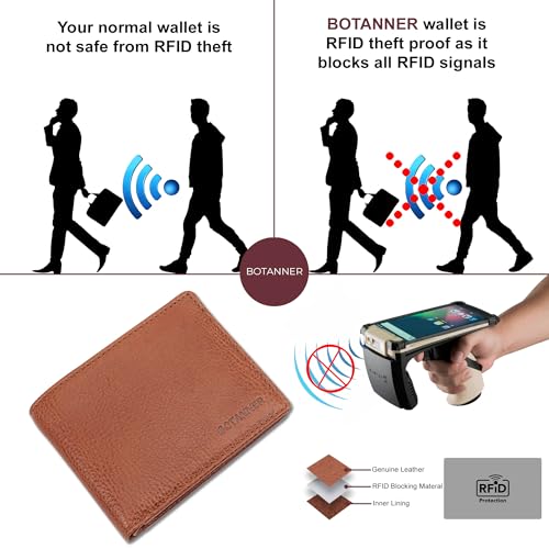 Genuine Leather Mens Bifold Wallet Slim RFID Blocking 5 Credit Card Slots 1 ID Window 2 Sections for Bills 2 Additional Slots | Tan - color: Tan, size: 5 Card + 1 ID