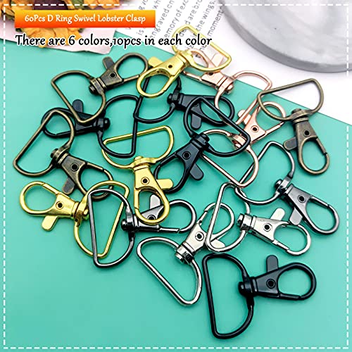 60Pcs Swivel Snap Hook D Ring,6 Colors Metal Swivel Clasps Lobster Clasp Key Chain Clip Hook Swivel Clasps Claw Lobster Lanyard Clasp for Keychain Lanyard,Jewelry,DIY Crafts Supplies(6 Colors) - color: 6 colors;1inch