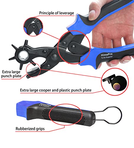 HimaPro Leather Hole Rotary Puncher for Belts, Dog Collars, Saddles, Shoes, Watch Bands, and etc. with a Measuring Ruler, Two Spare Punch Plates, and a Mini Metal Drill