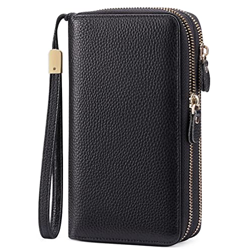 SENDEFN Leather Women Wallet RFID Blocking Zipper Around Phone Holder Clutch Wristlet Large Capacity - color: Black