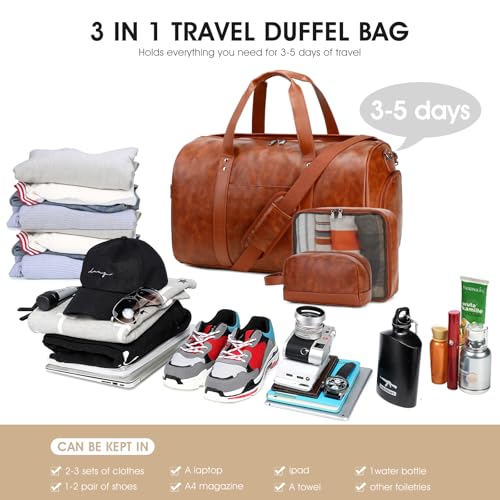 3PCS Faux Leather Weekender Bag for Women Men Travel Bag Overnight Bags | Leather Travel Duffel Bags for Traveling with Shoe Compartment Toiletry Packing Cube Carry On Tote Bag Men Fit 21.5" Laptop - color: Dark Brown