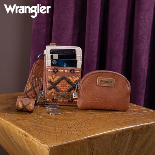 Wrangler Western Keychain Wristlet Wallets for Women Retro Dual Pouch Wristlet Credit Card Holder Wallet with Zipper Pocket WG2214-W0051BR - color: Aztec-Brown