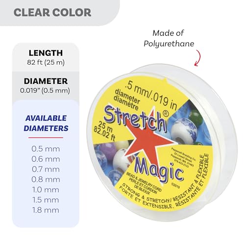 Stretch Magic Elastic Beading Cord – Clear Color, 0.5mm in Diameter, 25-Meter (82 ft) - Easy to Knot, Strong & Stretchy String for Making Beaded Jewelry - size: 0.5 mm, style: Clear - 25 Meter