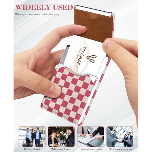 2Pack Leather Stainless Steel Business Card Holder, Metal Slim Business Card Case for Women or Men, Pocket Business Card Carrier with Prints, Magnetic Closure, RFID Blocking - color: Plaid-Pink
